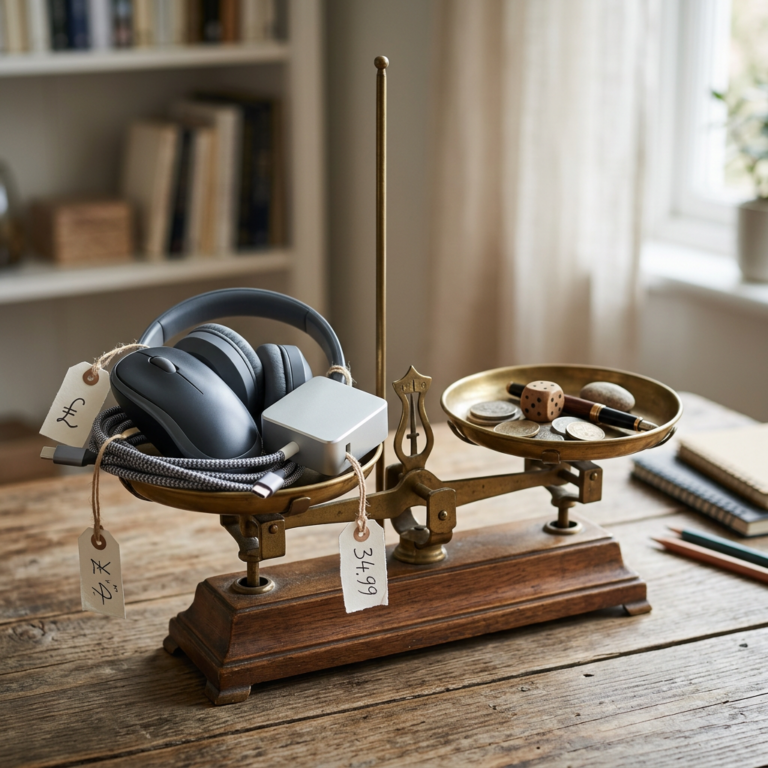 Balance scale with headphones, mouse, adapter, coins, £ tag, and 34.99 tag