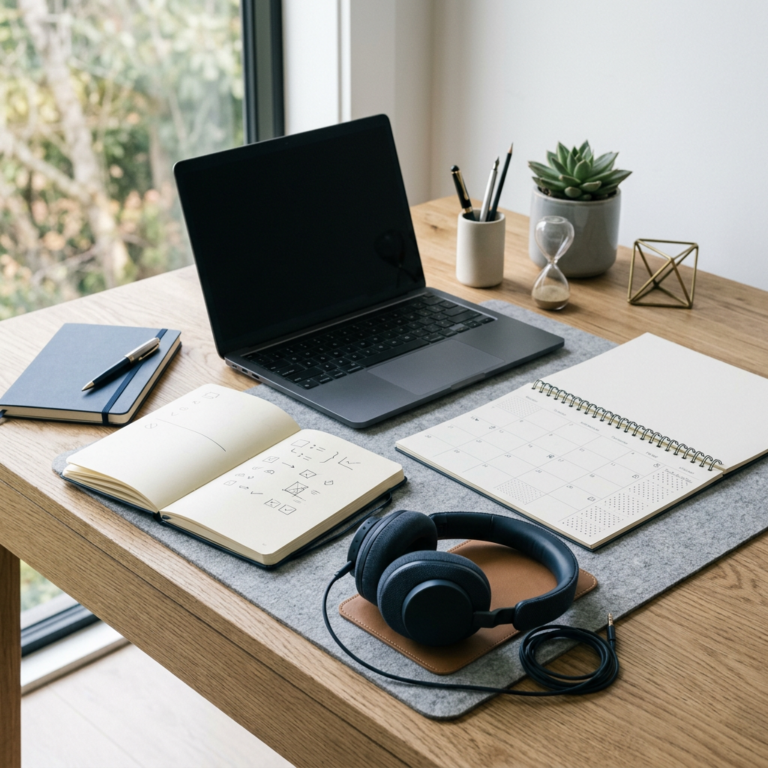 Laptop, notebook, calendar, headphones, plant, and stationery on a wooden desk