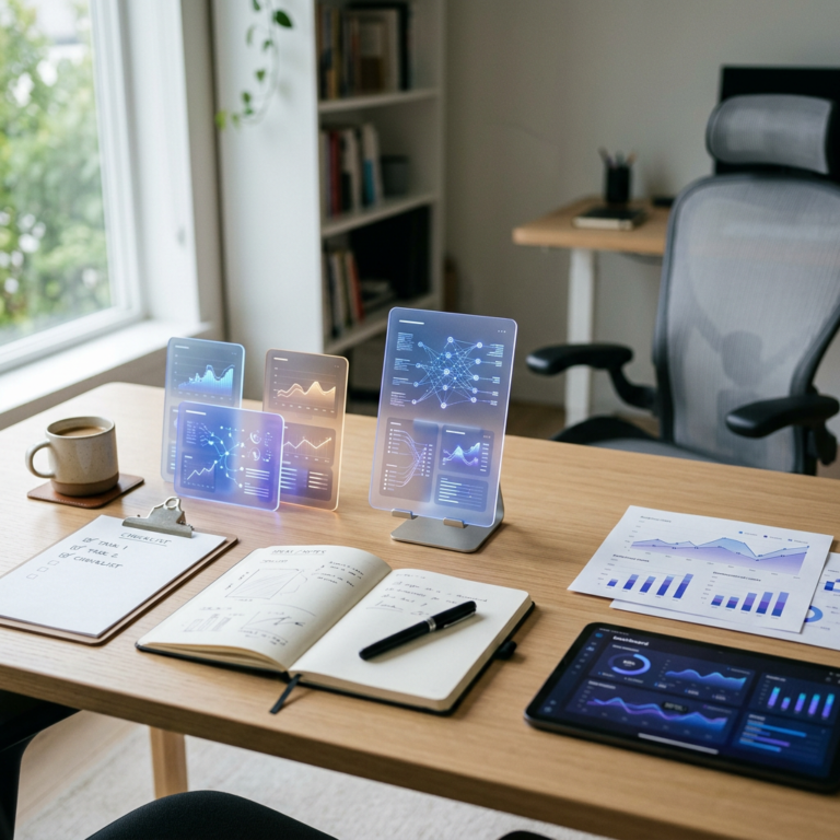 Home office desk with analytics dashboards, charts, notebook, and planning materials