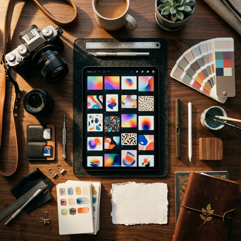 Creative desk with camera, tablet, color swatches, sketchbook, and art supplies