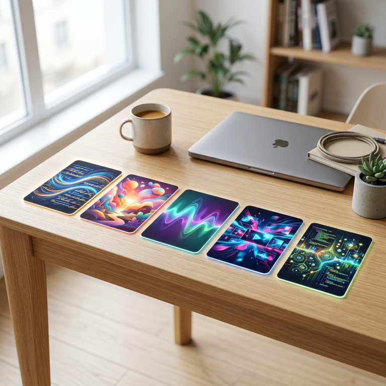 Laptop, coffee mug, plants, and five colorful technology-themed cards on a wooden desk