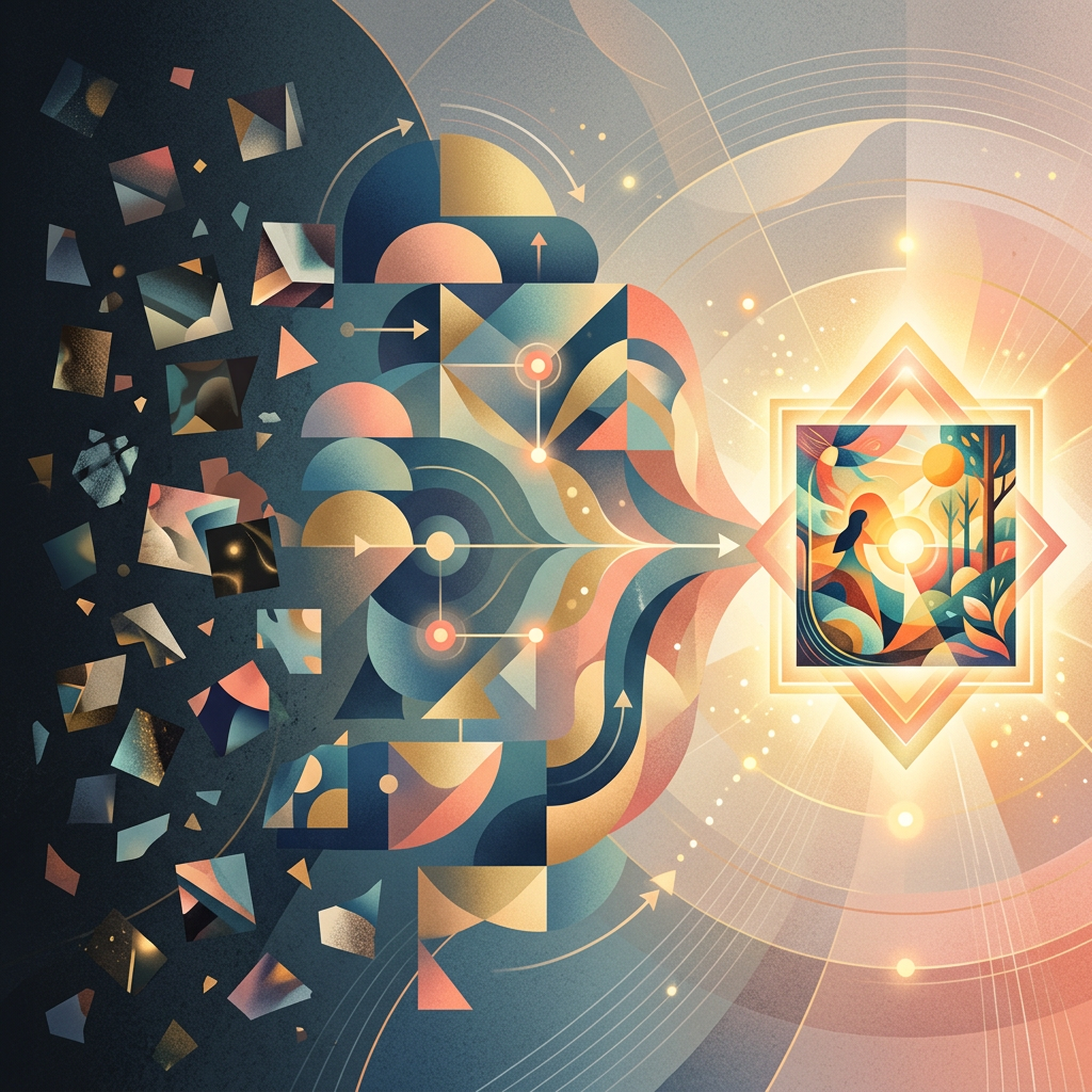 Abstract geometric pathways leading toward a glowing framed scene with a person and sun