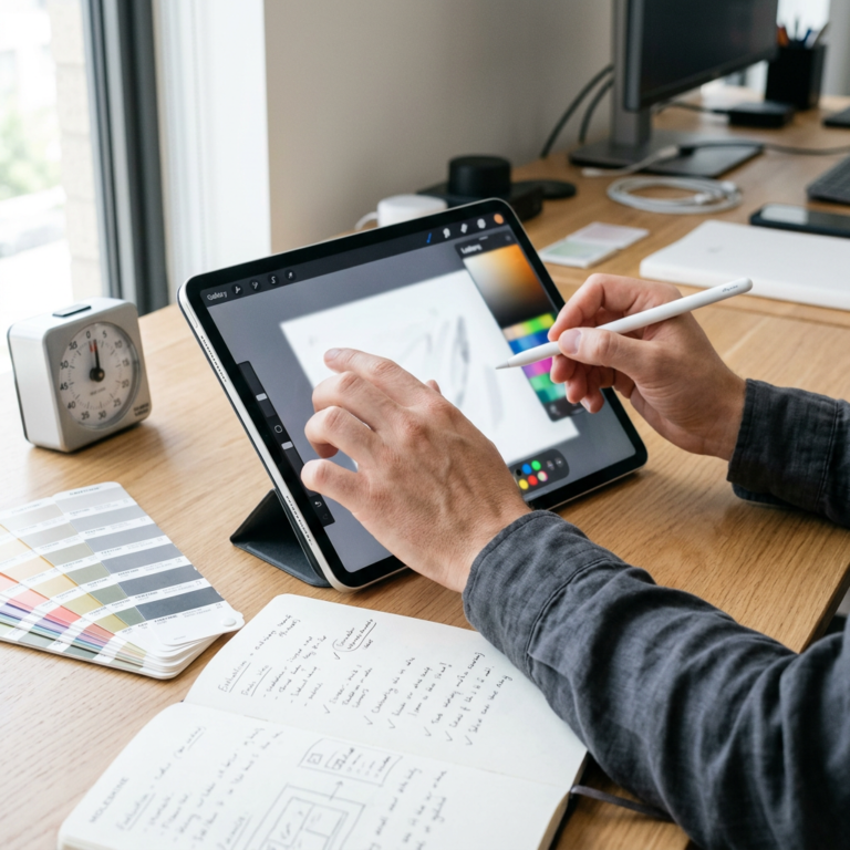 Person drawing a digital sketch on a tablet with stylus